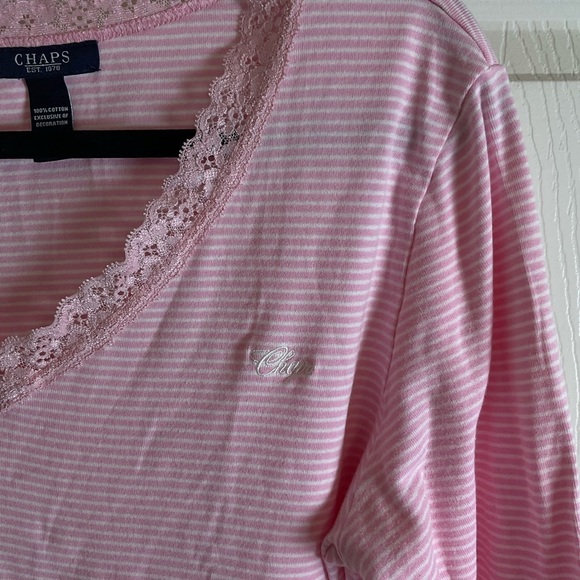 CHAPS SZ XL pink/white Stripe Long Sleeve Shirt W/ Lace Top Blouse - Picture 4 of 9